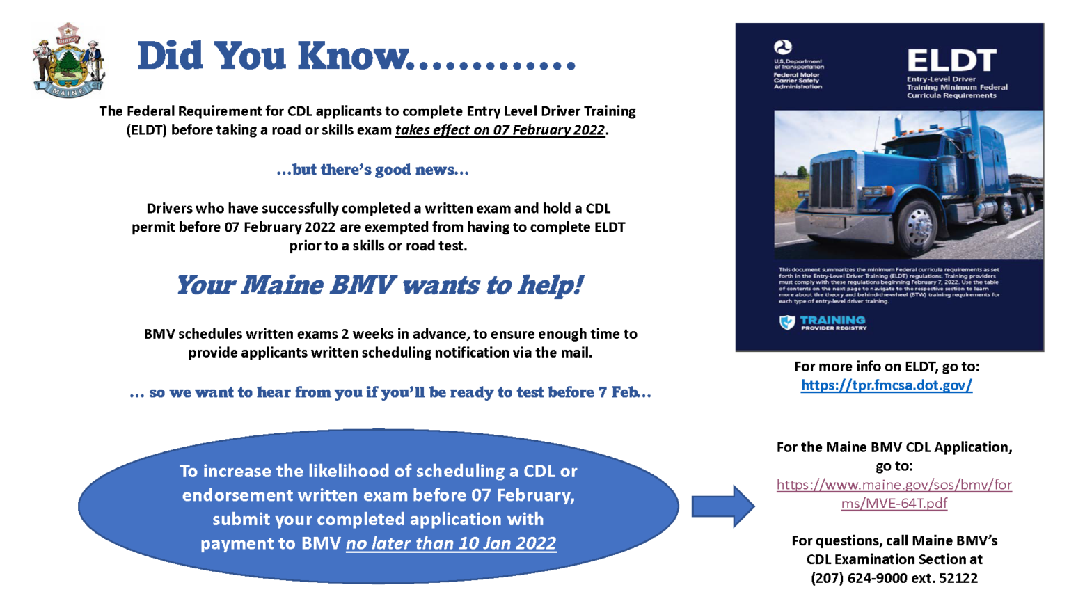 News from Maine BMV on Entry Level Driver Training Rule Implications MMTA